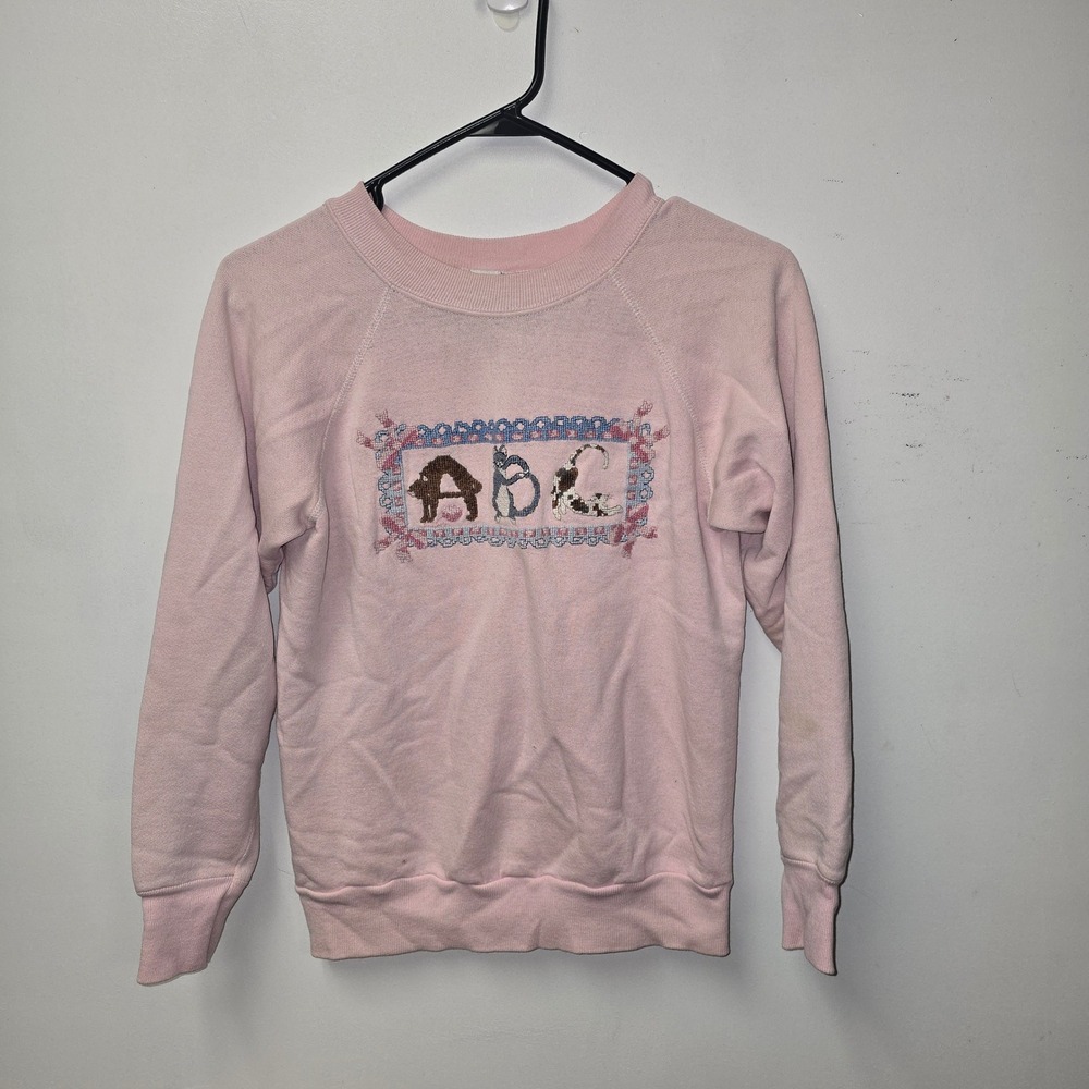 Vintage Pannill Pink Cat ABC Cross Stitch Sweatshirt Small USA Cottagecore